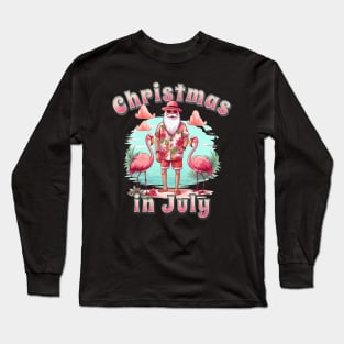 Christmas in July santa and flamingos on the beach Long Sleeve T-Shirt